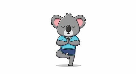 Naklejka premium Adorable cartoon koala in a peaceful yoga tree pose, promoting balance and wellness through mindful exercise