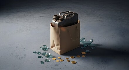 Old rusty metal jerry can fuel container in paper shopping bag with broken glass and scattered gold coins on concrete floor