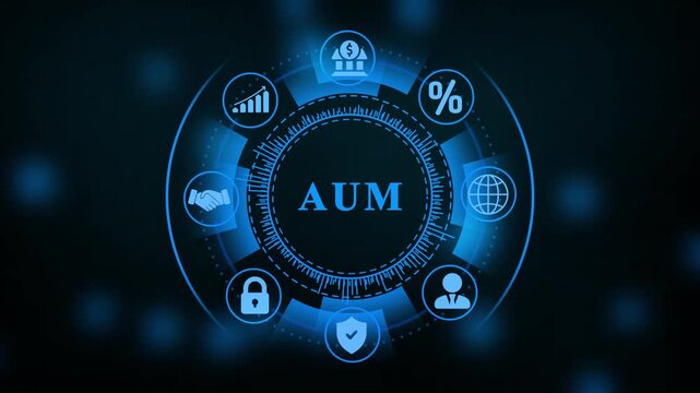 AUM financial concept with digital interface and icons