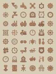 Vintage Steampunk Machinery Icon Set with Gears and Steam Engines