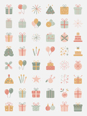 Obraz premium Hand Drawn Pastel Festive Icon Set with Gifts Balloons and Cakes