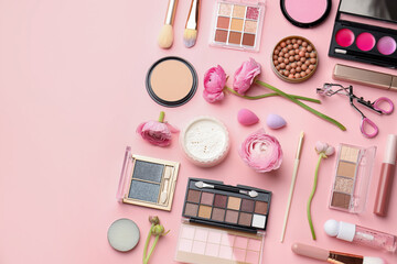 Spring composition with different makeup products and flowers on pink background, flat lay. Space...