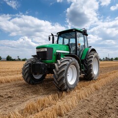Green tractor in freshly harvested wheat field under blue sky