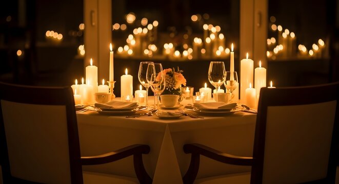 Romantic candlelit dinner setting for two with warm glowing atmosphere and elegant table decor