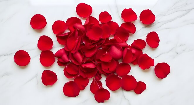 Scatter of fresh red rose petals on a white marble surface for romantic decoration