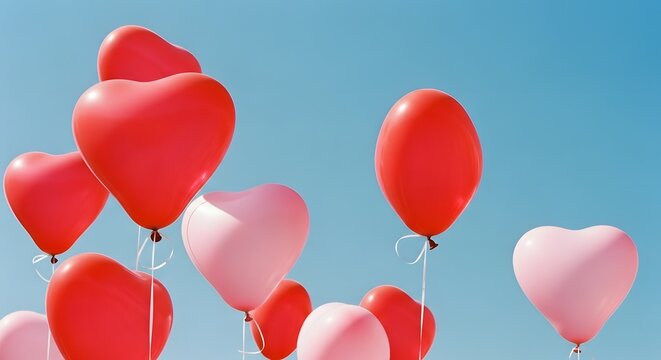 Group of red and pink heart shaped balloons flying in a clear blue sunny sky
