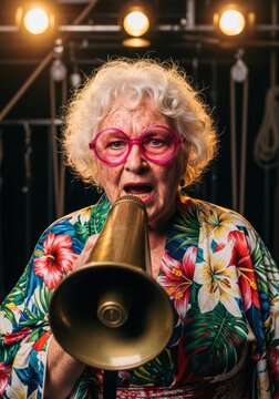 Elderly woman with bright pink glasses shouts through a megaphone on a stage