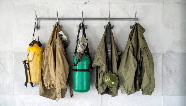Gas masks and protective suits hanging on metal hooks in a utilitarian setting