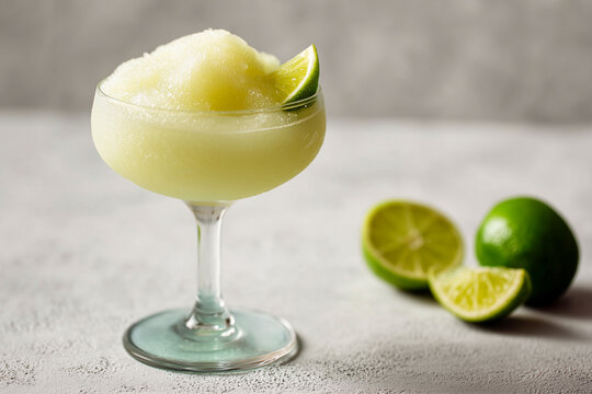 Refreshing frozen lime margarita cocktail in a coupe glass with a slice of fresh lime. Chilled summer drink with slushy ice texture on a light grey stone table, studio lighting