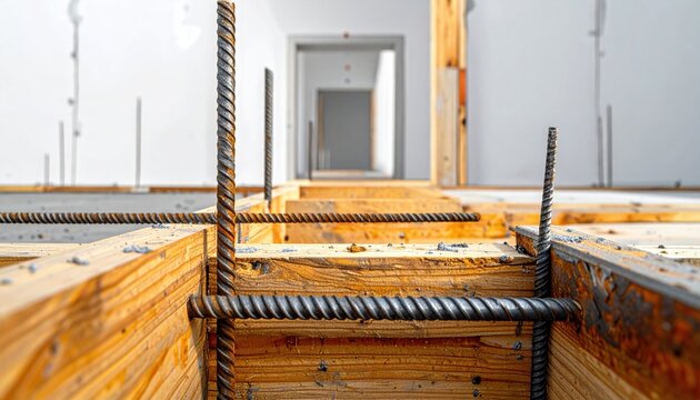 Steel reinforcement bars being secured within wooden formwork for a building construction project