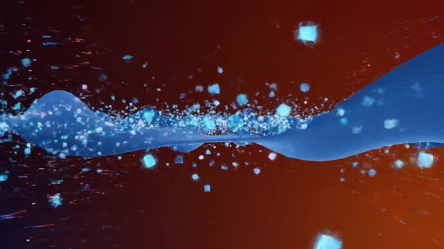 High energy digital glitch animation featuring pixel interference data corruption waves and scattered neon fragments Deep red to burnt orange gradient backdrop Light blue green and cyan highlights cre
