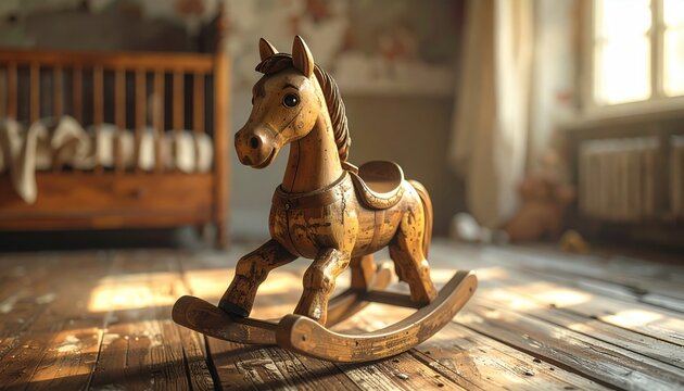 A classic wooden rocking horse with a vintage patina, a timeless children's toy for imaginative play.