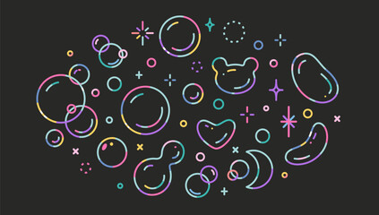 Neon rainbow soap bubbles with various shapes on dark background. Iridescent glowing spheres in circle composition. Trendy modern vector illustration