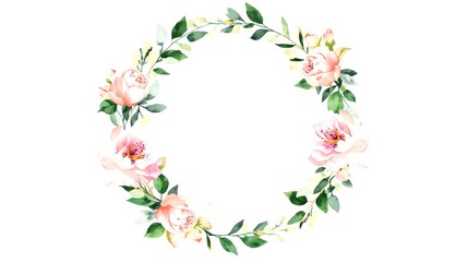 Fototapeta premium Elegant floral wreath with watercolor roses and green leaves