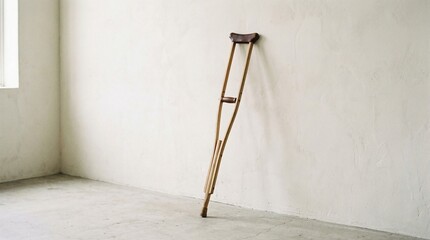 Wooden crutch leaning against white wall in empty room