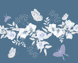 Blue background with flowers and white butterflies.Vector seamless pattern with blue flowers and butterflies on a white background. © Anatolii
