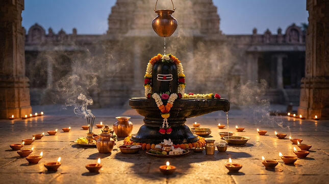 Traditional shivling with a copper kalash dripping water surrounded by many burning clay oil lamps in a temple courtyard for mahadev and maha shivratri rituals