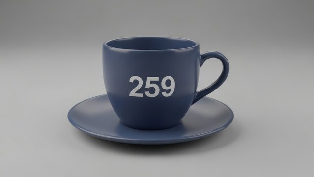 Blue coffee cup and saucer set with 259 printed on the side isolated on a light gray background