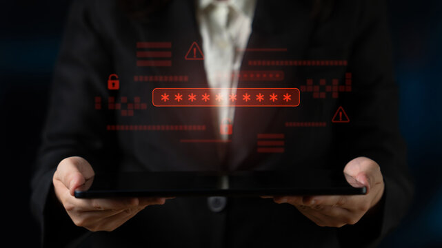 Password security breach warning with red asterisk box, cybersecurity alert, lock icons, and critical vulnerability signals in digital system access Latch