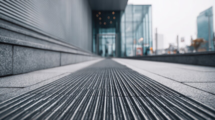 Accessible travel is enhanced by modern wheelchair ramp leading to glass building entrance, providing safe and inclusive access for everyone in urban environment