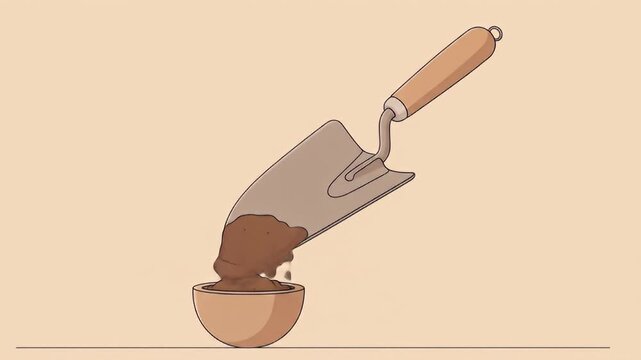 A trowel pours dirt into a bowl, all depicted in a simplistic cartoon style