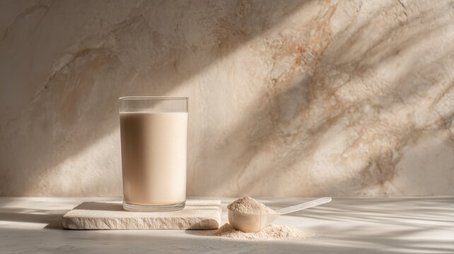 Stylish whey mass gainer protein shake with powder scoop on marble, perfect for promoting fitness nutrition and modern healthy lifestyle products