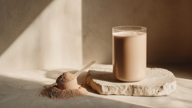 Chocolate whey mass gainer protein shake and powder scoop on stone slab, highlighted by natural light for a clean, modern fitness nutrition concept, featuring supplement
