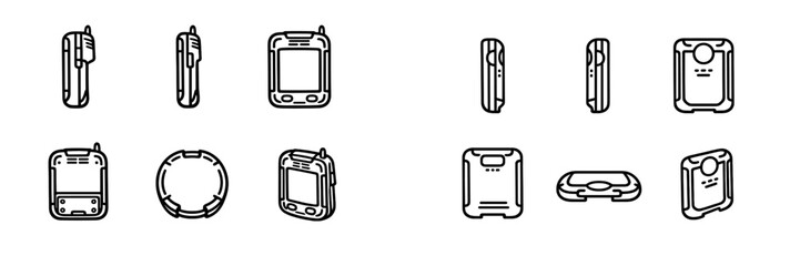 Set of rugged handheld mobile computer icons showing front side and perspective views for industrial use © PAPA STOCK