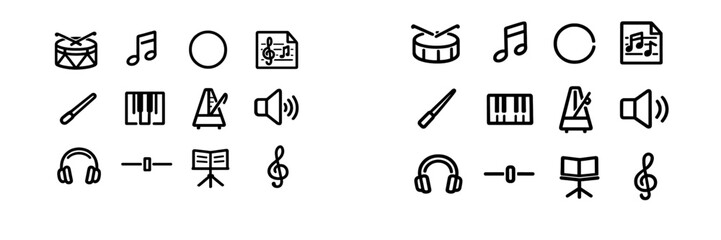 Collection of musical instrument and audio equipment line icons including drum piano keys headphones metronome and musical notes © PAPA STOCK