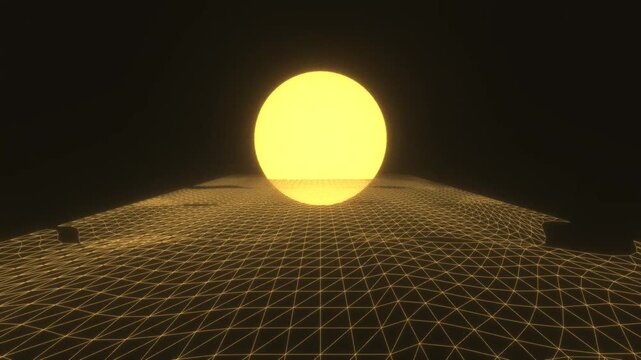 Technological digital wireframe terrn illuminated by a bright yellow light orb agnst dark background