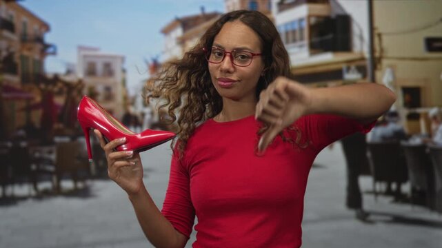 Woman holds red high heel shoe and gives thumbs down in a street cafe scene with blurred outdoor diners; shopping disapproval.