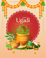 Happy Ugadi, New Year's Day according to the Hindu calendar - poster template design including Kalash, banana leaf, green mango, flowers, rangoli. © Soumen