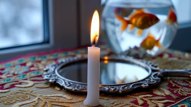 Extreme close-up of a burning white ritual candle, its golden flame reflecting in an ornate antique mirror on a traditional persian haft-seen table, under cool pre-dawn light.