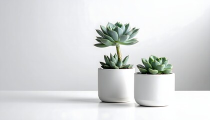 Fototapeta premium Two potted succulents on a white table against a plain background