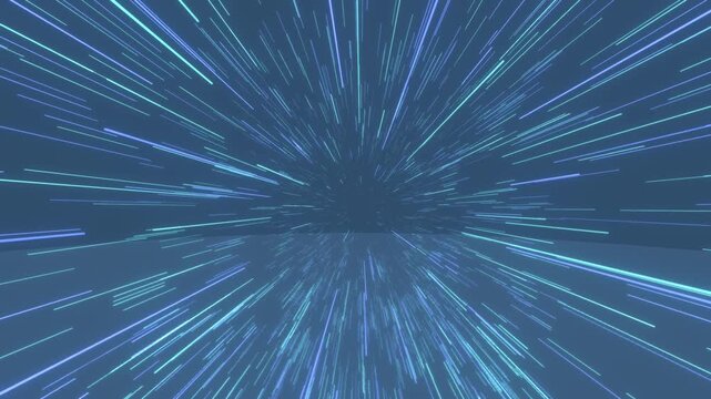 Digital blue light streaks accelerate into a vanishing point creating an abstract warp speed effect