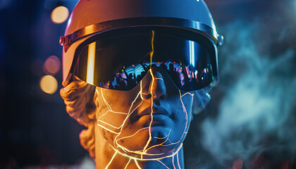 Portrait of a statue wearing a helmet with modern glasses and colorful lights in the background during a party at night