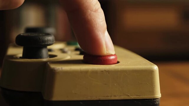 Game Controller with Finger Pressing Red Button on Beige Plastic Surface for Retro Gaming Experience