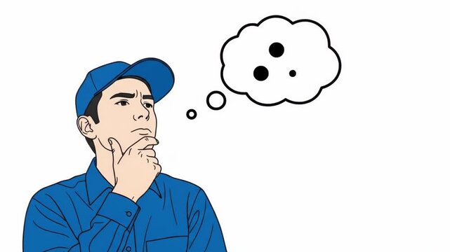 Man in blue uniform thinking with a thought bubble appearing above his head.