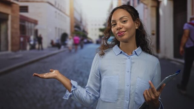 Woman holds clipboard, smiles and presents palm up while standing on a cobblestone street; confident helpful service.