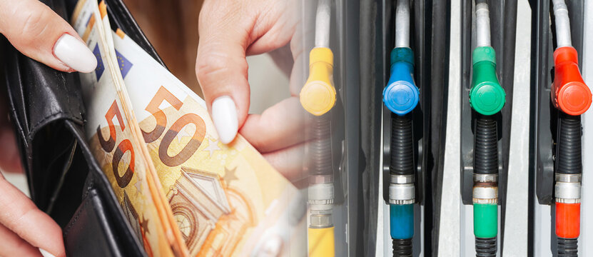 Fuel cost and energy price concept. Euro banknotes and petrol pump nozzles showing rising gasoline expenses. Transportation inflation and household budget pressure from increasing fuel prices.