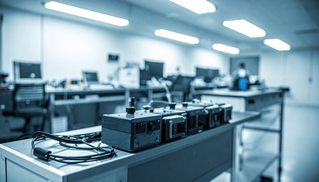 Radiation Detection Equipment Including Geiger Counters and Dosimeters Laid Out in a Laboratory Setting