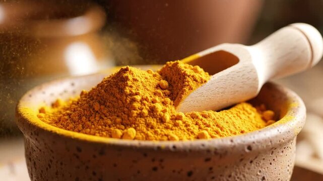 Turmeric powder in a bowl with scoop.