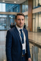 Fototapeta premium Professional man with badge standing in a bright office lobby, corporate portrait.generative AI
