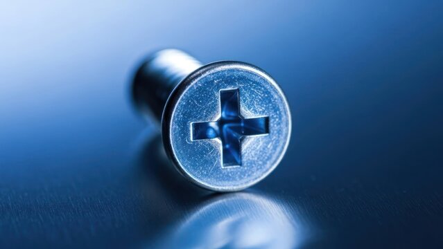 Close up of a silver screw head against a blue background perfect for design and construction themes