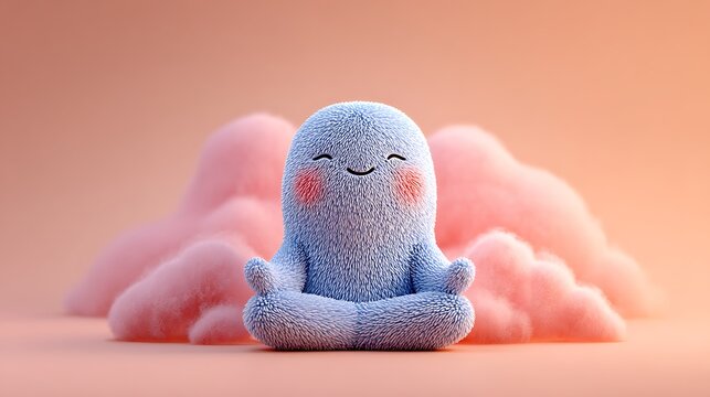 A cute cartoon character meditating on a cloud with a peaceful expression