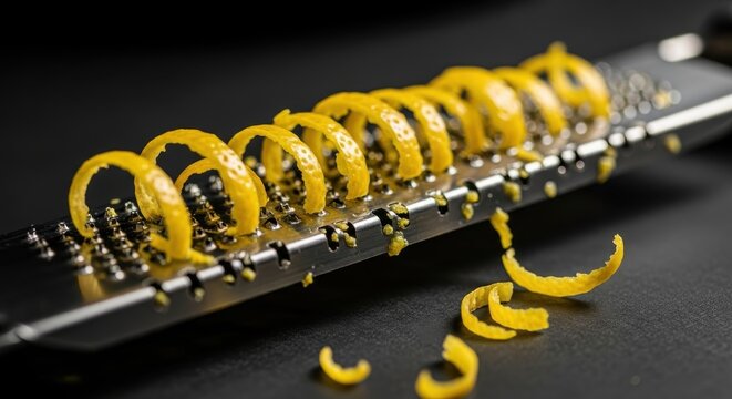 a close-up view of a lemon peel being cut with a zester on a black surface with scattered curls of p