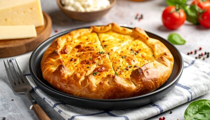 Delicious golden baked pie with cheese and fresh ingredients.