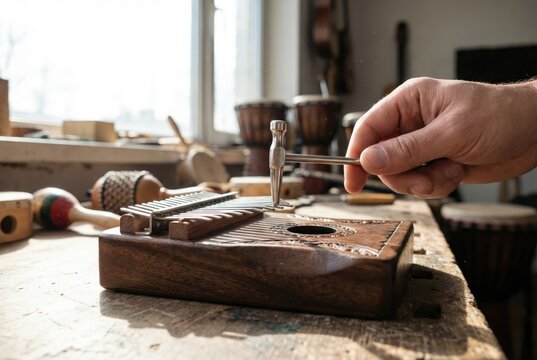Hand holding small metal hammer tuning a wooden kalimba thumb piano