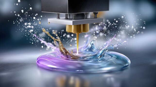 High quality wide format printer dispensing vibrant colors onto a glossy surface, creating dynamic splashes of ink, showcasing advanced printing technology and artistic potential