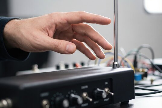 Musician hand playing melody on electronic theremin instrument without touching it